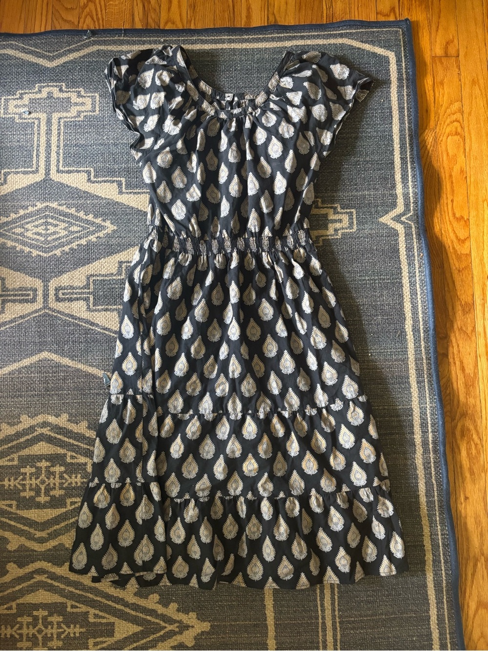 Mata Traders Navy Tiered Midi Dress with Cream Teardrop Motif